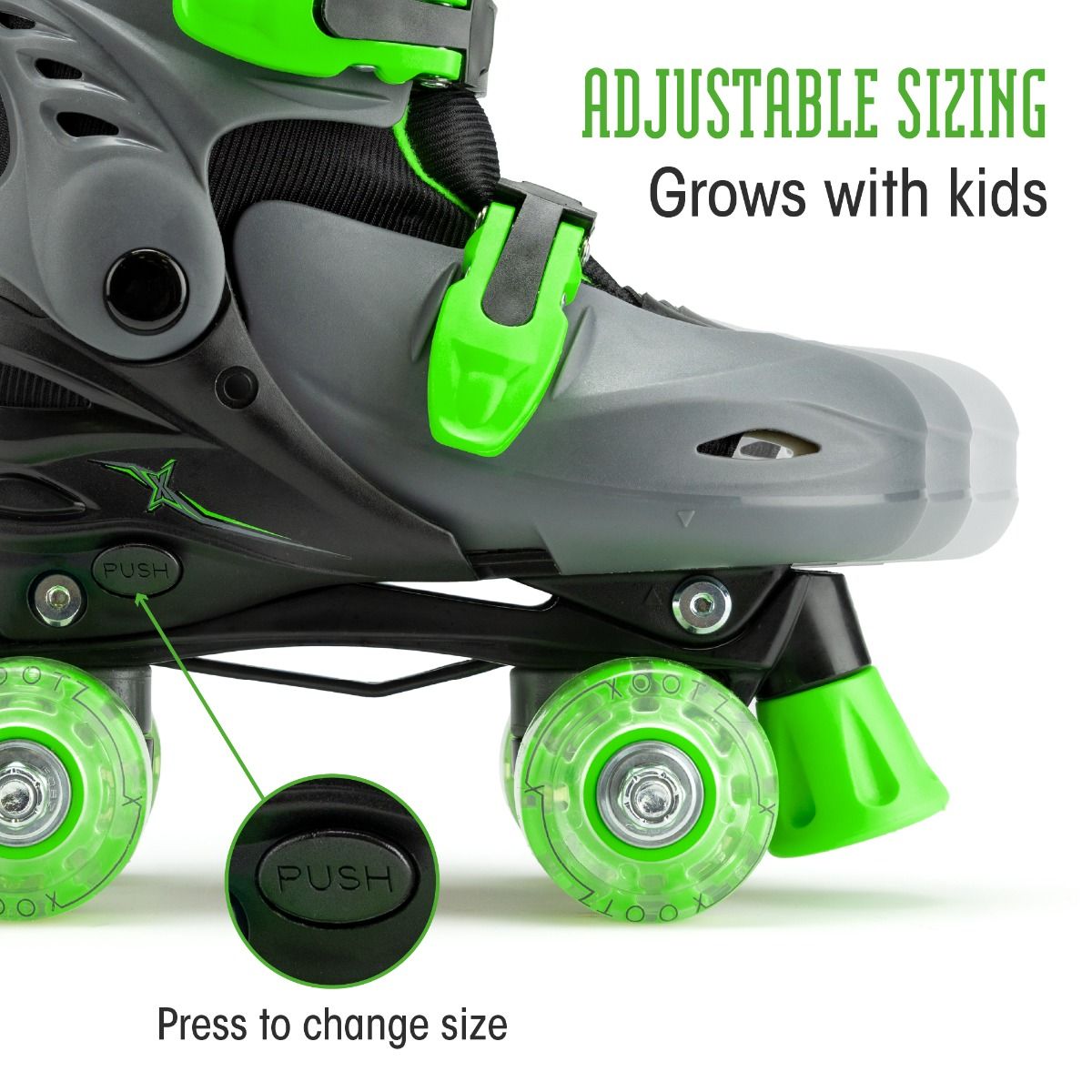 LED Roller Skates, Adjustable Quad Skates - Green