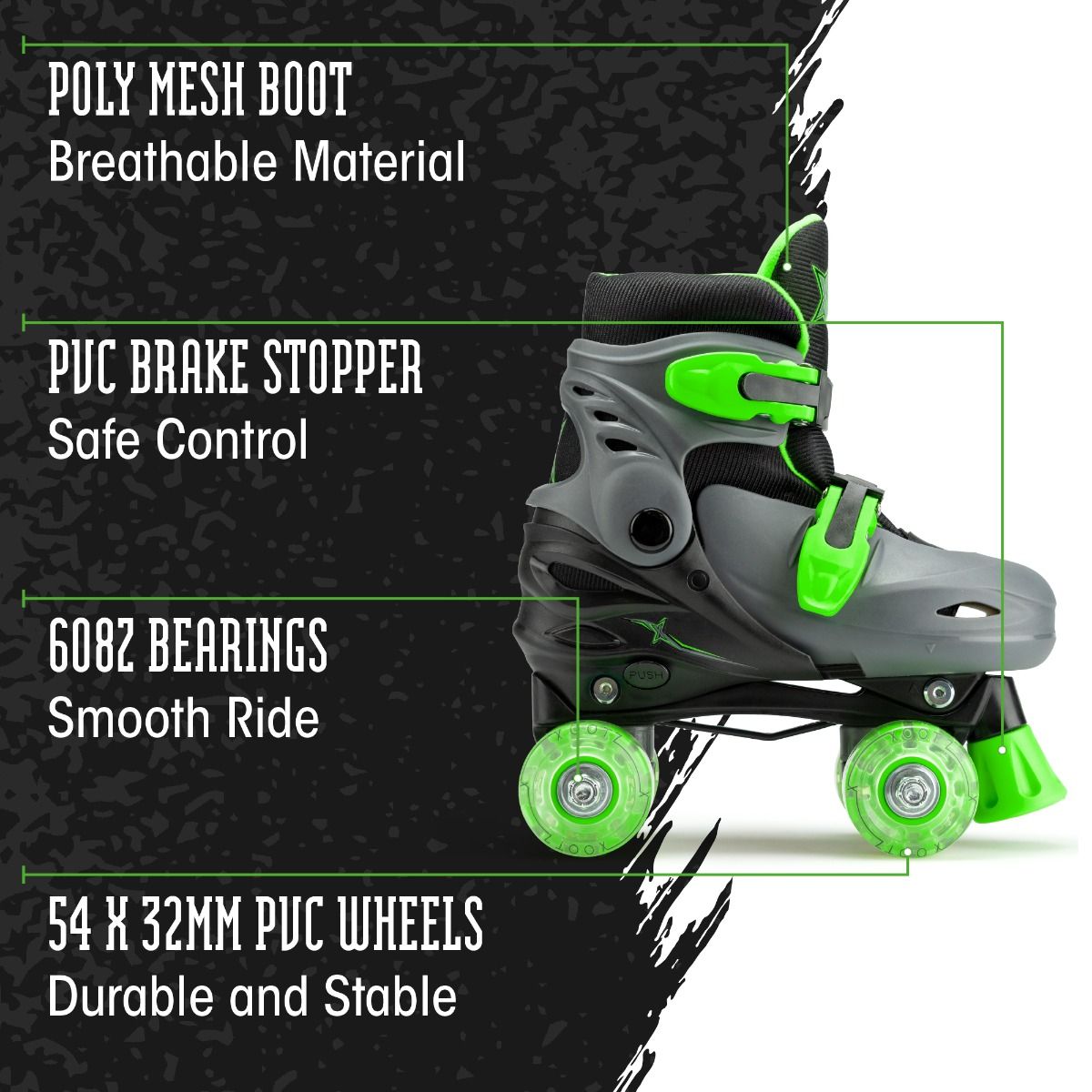 LED Roller Skates, Adjustable Quad Skates - Green